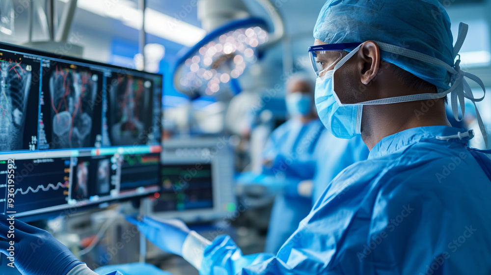Surgeons analyzing medical images on monitors during a complex surgery. Surgeons analyzing medical images on monitors during a complex surgery.