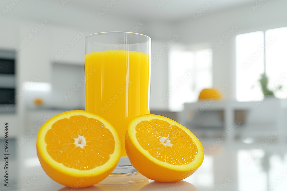 Glass of freshly squeezed orange juice with sliced oranges in a modern kitchen Glass of freshly squeezed orange juice with sliced oranges in a modern kitchen