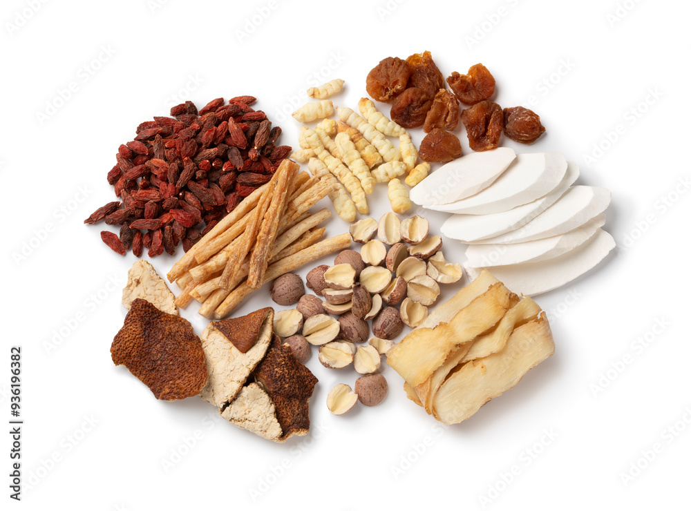 Group of Chinese dried herbs to make a healthy soup or bouillon isolated on white background Group of Chinese dried herbs to make a healthy soup or bouillon isolated on white background