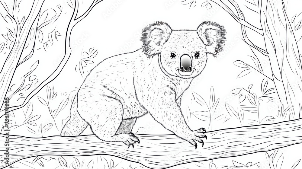 Outline illustration of a black and white koala for drawing and coloring on white background Outline illustration of a black and white koala for drawing and coloring on white background