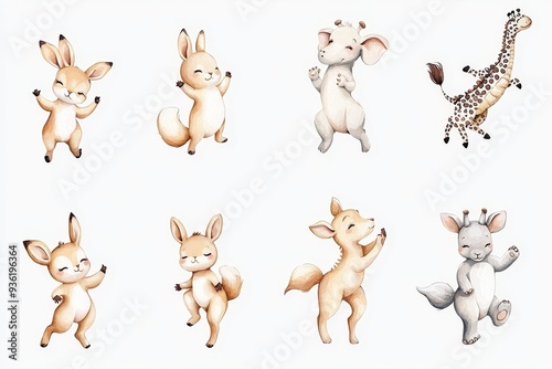 Wallpaper Mural A safari animal set depicting dancing fox, elephants and rabbits, crocodiles, giraffes and bears in watercolor style. Torontodigital.ca