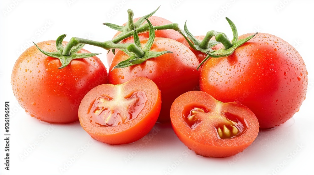 Fresh, ripe red tomatoes with water droplets on a white background. One tomato is cut in half. Fresh, ripe red tomatoes with water droplets on a white background. One tomato is cut in half.