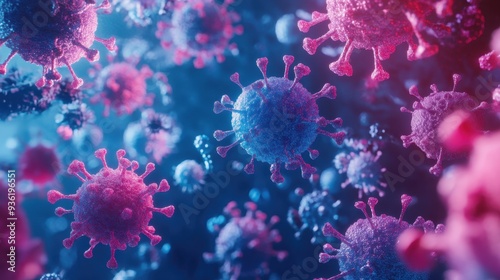 3D render of colorful virus cells on a dark blue background, with a pink and violet color scheme, in close-up view