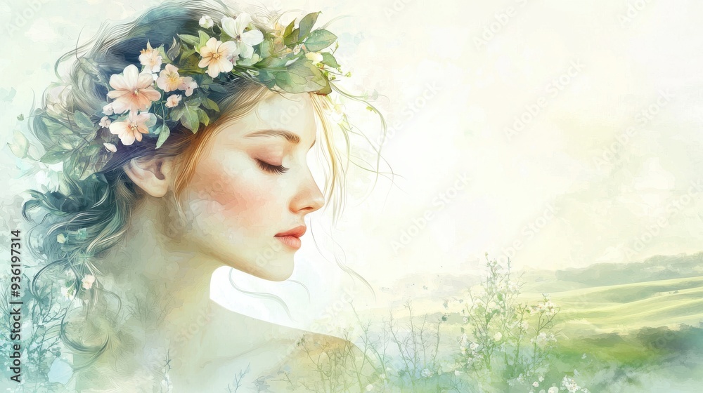 A serene portrait of a woman adorned with flowers, embodying beauty and tranquility in a natural landscape. A serene portrait of a woman adorned with flowers, embodying beauty and tranquility in a natural landscape.
