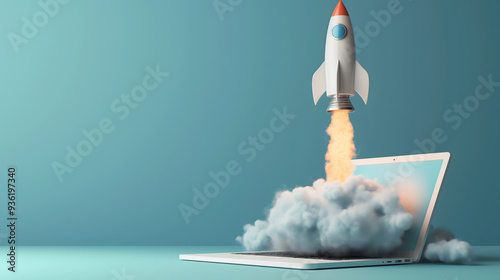 Creative Startup Concept with Rocket Launching from Laptop Screen