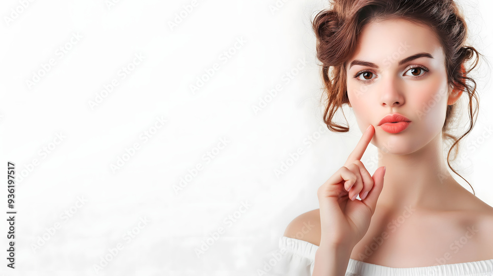 Woman Gesturing Silence with Finger on Lips on White Background Woman Gesturing Silence with Finger on Lips on White Background