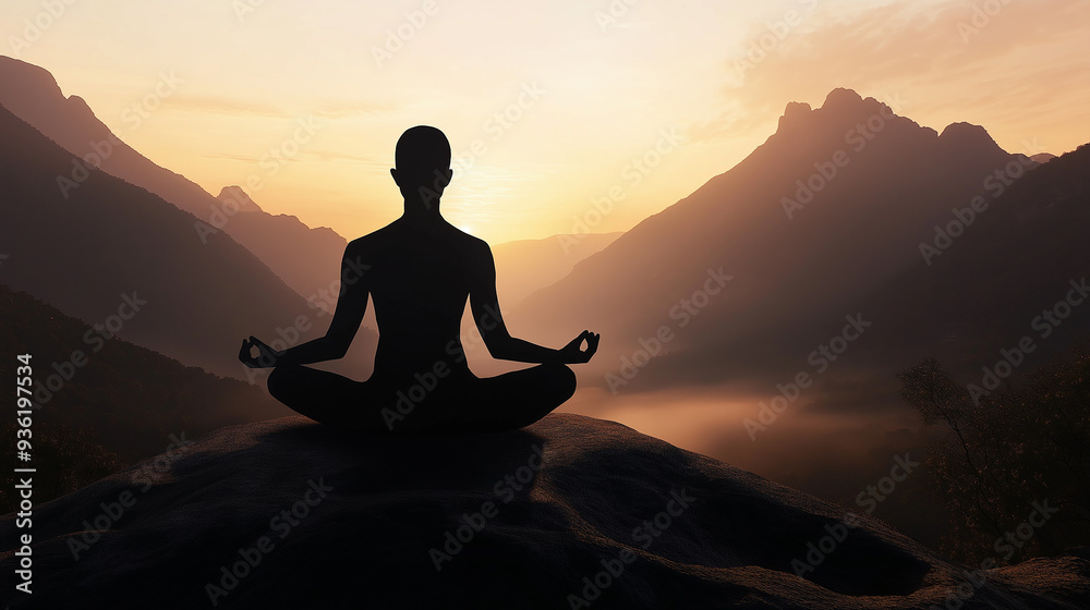 Silhouette of a person meditating on a rock at sunset in the mountains Silhouette of a person meditating on a rock at sunset in the mountains