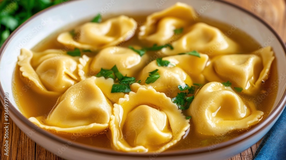 A bowl of soup with ravioli in it on a table, AI A bowl of soup with ravioli in it on a table, AI