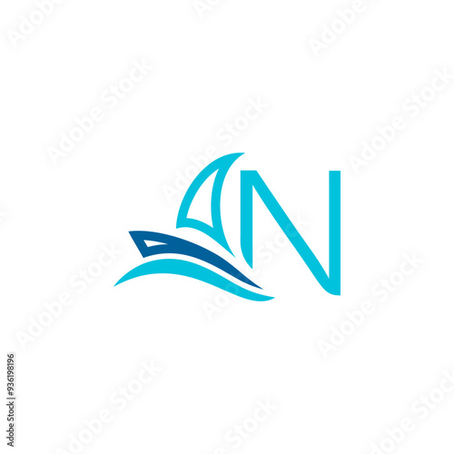 vector logo combination of sailing ship or boat with letters, initials, alphabet, with blue base color for business purposes and others