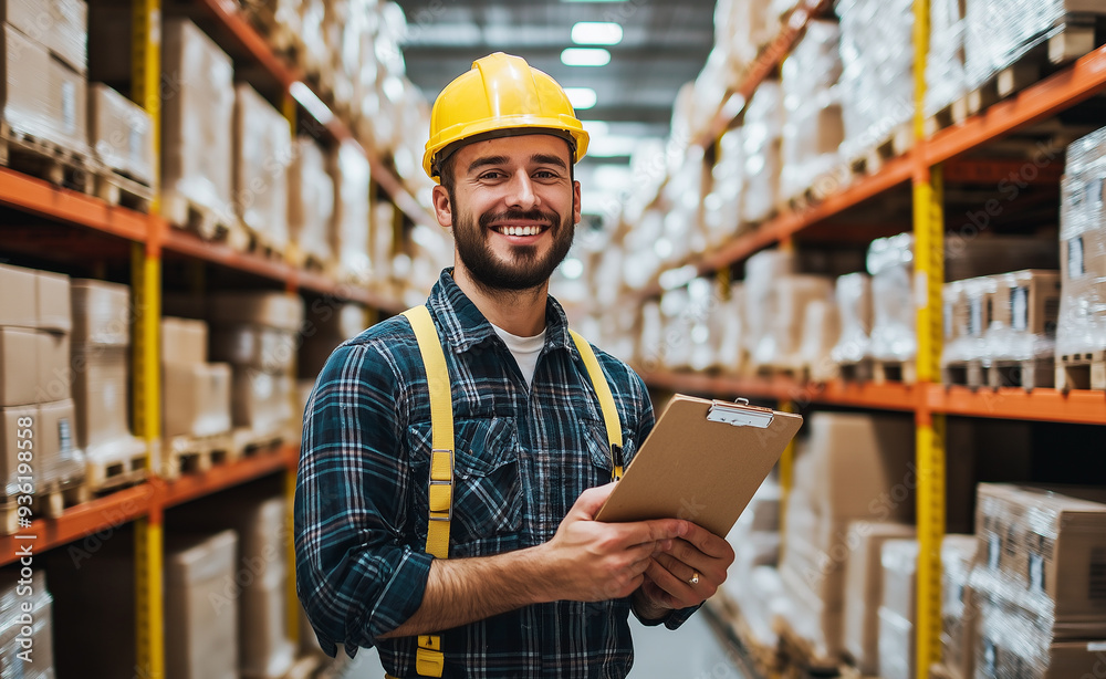 A smiling warehouse worker in a safety helmet, holding a clipboard, standing in an organized warehouse filled with stacked boxes, symbolizing efficiency and logistics A smiling warehouse worker in a safety helmet, holding a clipboard, standing in an organized warehouse filled with stacked boxes, symbolizing efficiency and logistics