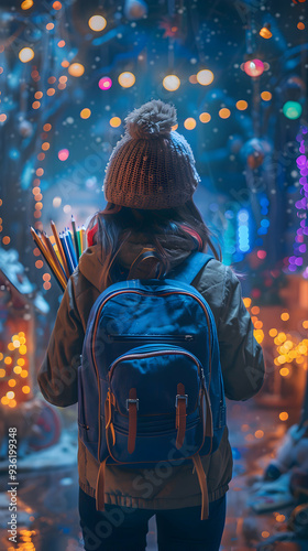 Enchanted Classroom: Student with Backpack and Pencils in Magical School Setting Mid Shot Featuring Glowing Desks and Fantasy Decor with Copy Space Back to School Concept in Ph