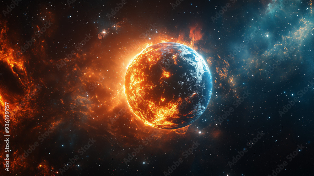 Fototapeta premium Earth on fire. Wars, fires and hurricanes. The threat of global warming. A concept of the future of the Earth