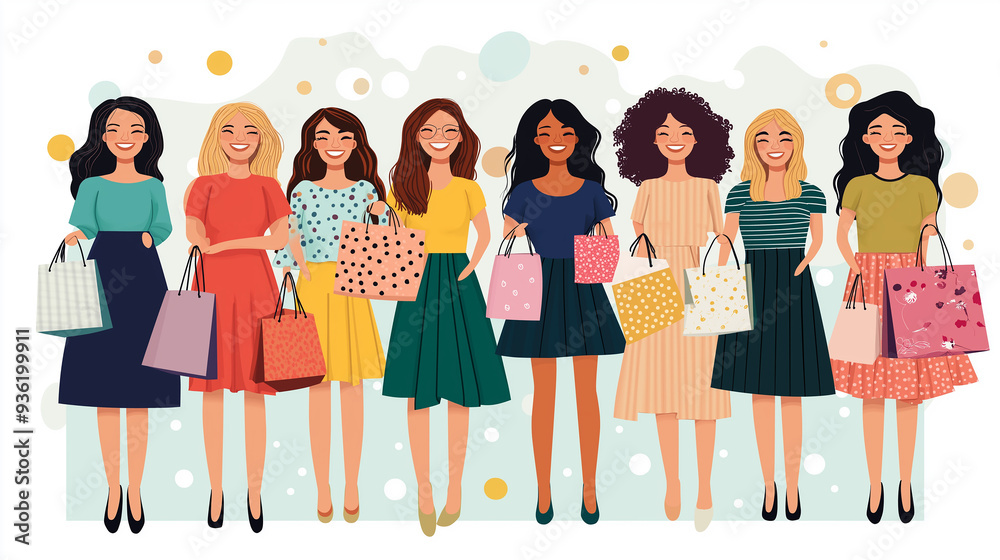 Fototapeta premium Group of happy and diverse women holding shopping bags is smiling
