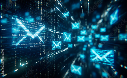 Glowing digital icon of an envelope representing email, surrounded by a matrix of blue and orange data streams, symbolizing modern communication and information exchange.