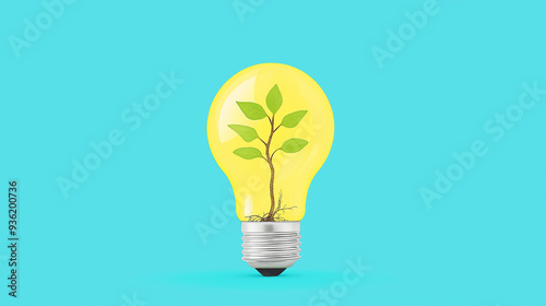 Green plant growing inside light bulb on blue background