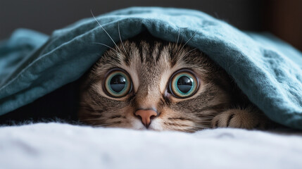 Cute tabby cat hiding under blue blanket looking at camera