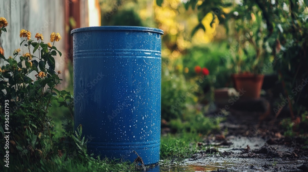 A blue barrel for collecting rainwater. Collecting rainwater in plastic container. Collecting rainwater for watering the garden. Ecological collection of water for crop irrigation. A blue barrel for collecting rainwater. Collecting rainwater in plastic container. Collecting rainwater for watering the garden. Ecological collection of water for crop irrigation.