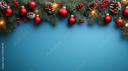 Christmas border of fir branches, red ornaments, and twinkle lights on teal background with copy space