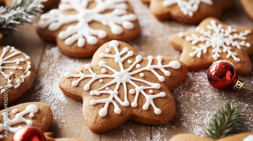 Christmas gingerbread cookies decorated with a snowflake pattern resting on a wooden surface