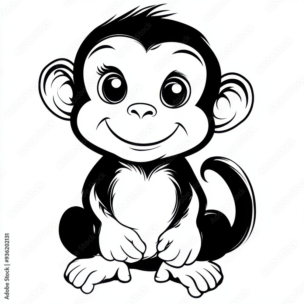 Outline illustration of a black and white monkey for drawing and coloring on white background Outline illustration of a black and white monkey for drawing and coloring on white background