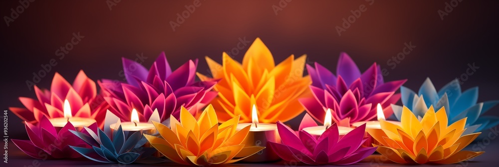 Colorful paper art banner celebrating Diwali with vibrant lotus decorations for the Hindu festival and plenty of copy space Colorful paper art banner celebrating Diwali with vibrant lotus decorations for the Hindu festival and plenty of copy space