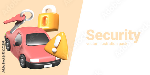 Car theft protection. Reliable lock for vehicle. Realistic car, padlock, keys, warning sign