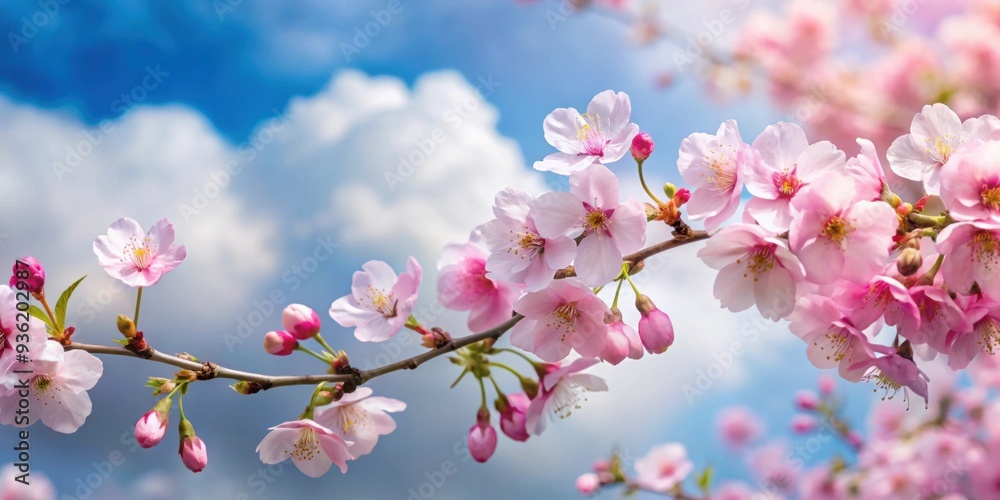 Pink cherry blossoms in full bloom with buds against soft cloudy sky, cherry blossoms, pink, full bloom, buds, branch, soft Pink cherry blossoms in full bloom with buds against soft cloudy sky, cherry blossoms, pink, full bloom, buds, branch, soft