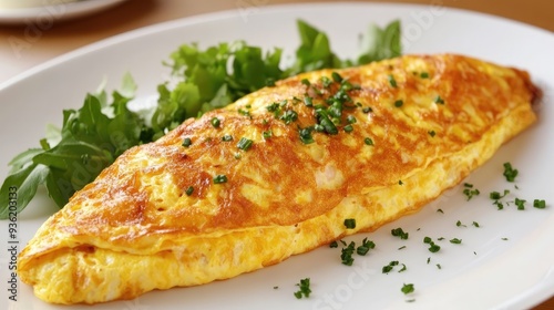 Golden omelet on a white plate, garnished with fresh greens, ready to be enjoyed in a visually appealing anime-style image.