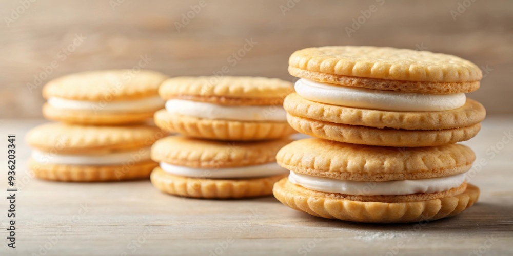 Vanilla sandwich cookies with cream filling on background, vanilla, sandwich, cookies, cream, filling, isolated,background, snack Vanilla sandwich cookies with cream filling on background, vanilla, sandwich, cookies, cream, filling, isolated,background, snack