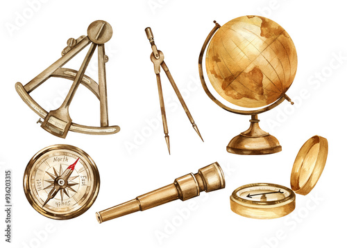 watercolor set of vintage nautical equipment, old brown globe of earth, navigation tools, sextant, divider, sailor compass, metal spyglass, historical illustration, for adventure posters photo