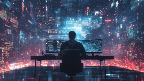 A man on a powerful PC controls data streams projected around him with the help of AI.