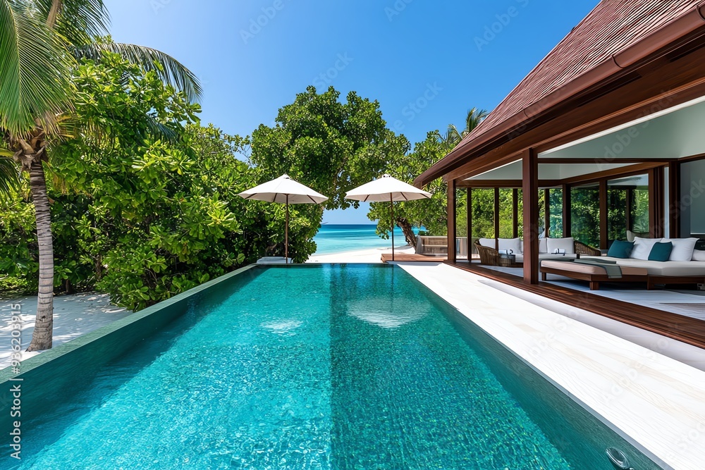 Fototapeta premium A luxurious private pool with stunning ocean views and lush tropical foliage.