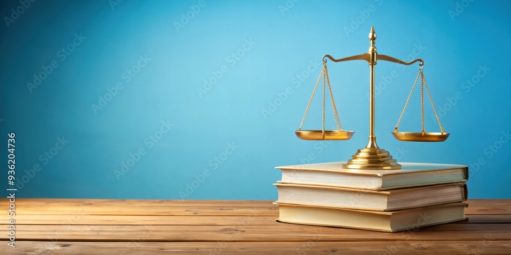 Golden balance scale on top of stack of books on a blue desk symbolizing legal compliance , legal compliance, balance scale Golden balance scale on top of stack of books on a blue desk symbolizing legal compliance , legal compliance, balance scale