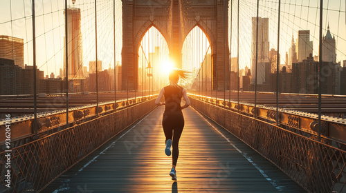 Young sporty woman running on brooklyn bridge at sunrise photo