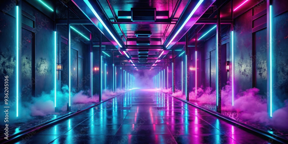 Ethereal cyberpunk corridor with neon lights and fog, futuristic, technology, illuminated, hallway, vibrant, sci-fi Ethereal cyberpunk corridor with neon lights and fog, futuristic, technology, illuminated, hallway, vibrant, sci-fi