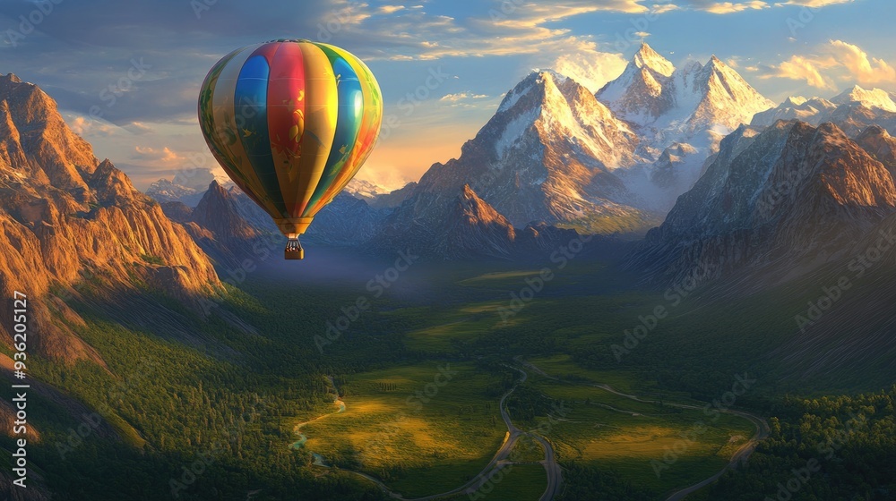 Fototapeta premium Hot air balloon, painted in vivid colors, drifting over a green valley, framed by a road and towering mountains at dawn