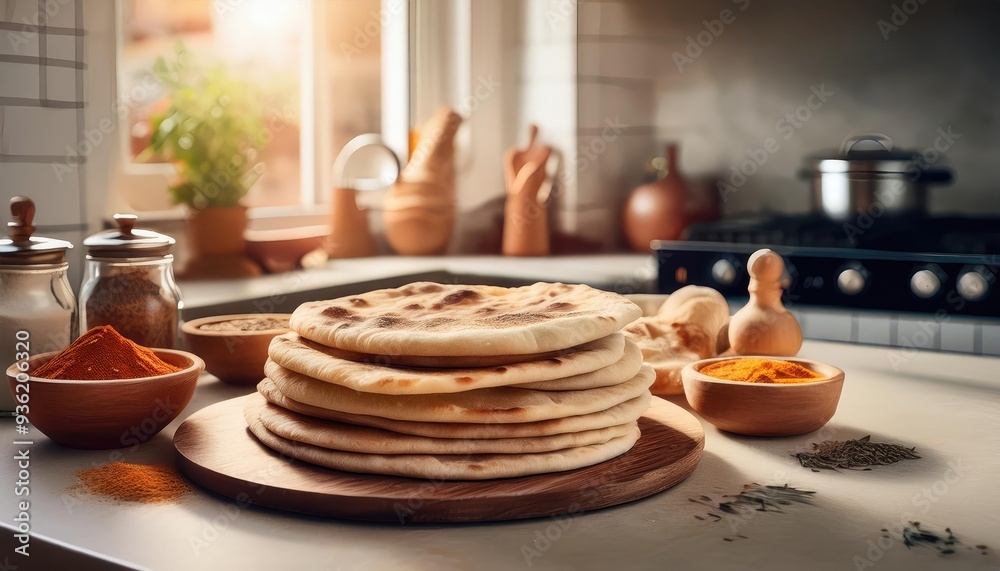 Freshly baked flatbreads stacked on a wooden plate, surrounded by spices and earthenware in a warm, inviting kitchen setting. Freshly baked flatbreads stacked on a wooden plate, surrounded by spices and earthenware in a warm, inviting kitchen setting.