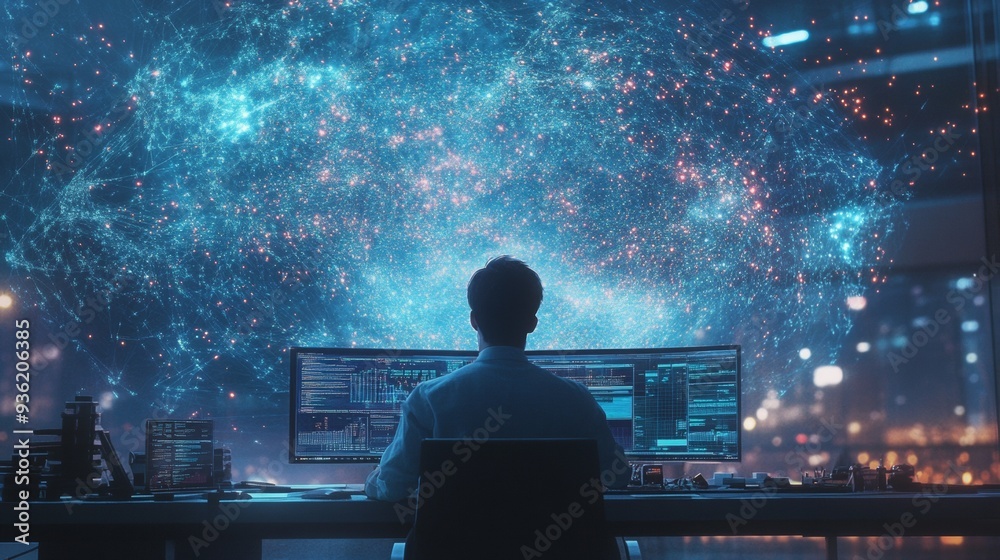 Data visualization in front of a man sitting at a computer. Data visualization in front of a man sitting at a computer.