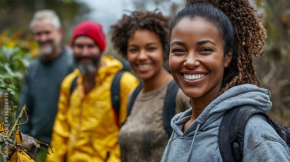 Smiling woman hiking with friends in the great outdoors, embracing nature and adventure.
