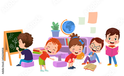 Vector Illustration Of Kids Playing in the clasroom photo