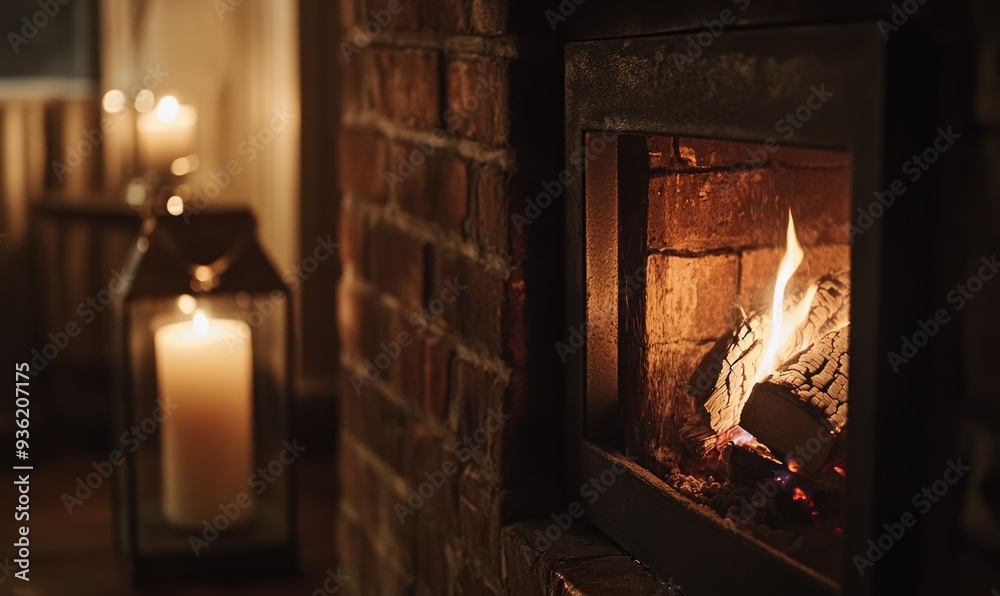 Obraz premium Close-up of flickering flames in a brick fireplace