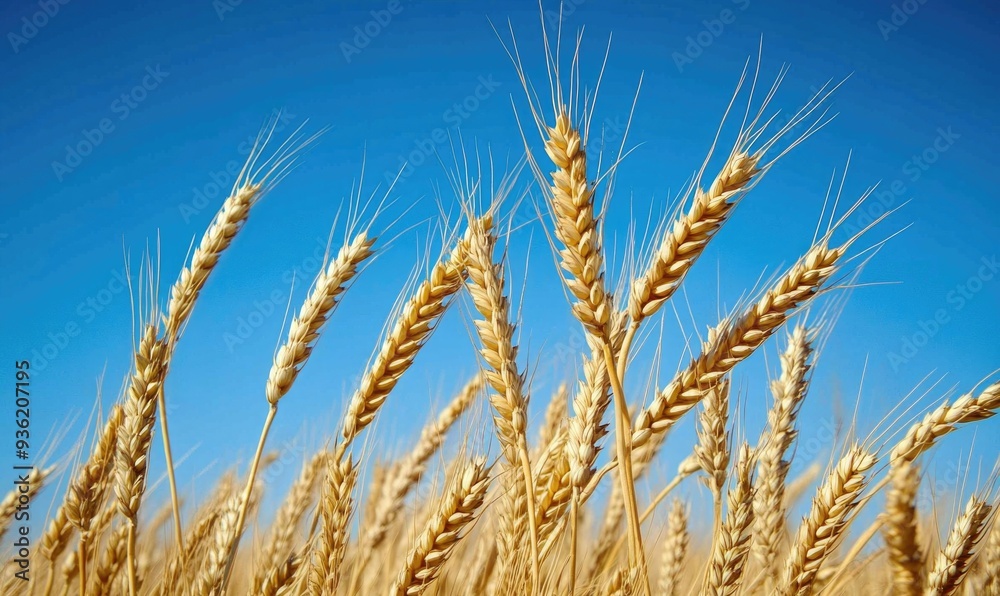 Close-up of ripe wheat stalks, golden ears, clear sky Close-up of ripe wheat stalks, golden ears, clear sky