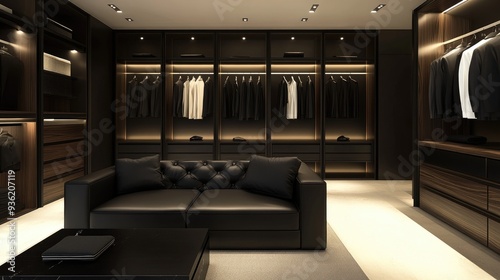 Interior of a luxury menclothing store, featuring a sleek black sofa and neatly arranged wardrobe in a modern setting. photo