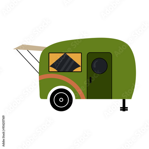 Camper car. Holiday caravan, van or vintage trailer, motorhome for adventures, camping RV. Mobile auto vehicle for travel, vacation in campsite. Vector cartoon flat isolated nature illustration