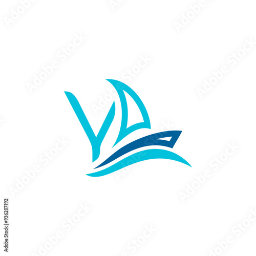 vector logo combination of sailing ship or boat with letters, initials, alphabet, with blue base color for business purposes and others