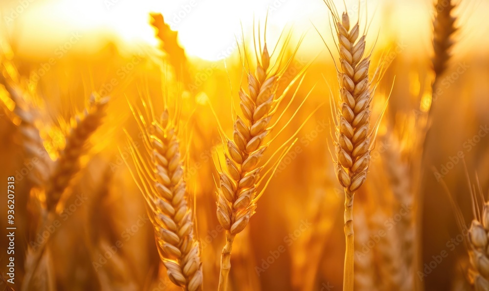 Close-up of wheat stalks against sunset, warm glow, detailed texture, peaceful evening Close-up of wheat stalks against sunset, warm glow, detailed texture, peaceful evening