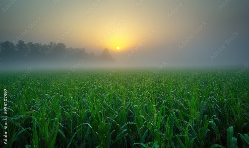 Cornfield at dawn, soft light, vibrant green, misty horizon