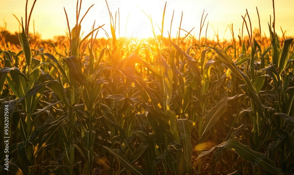 Fototapeta premium Cornfield at dusk, soft light, golden hues