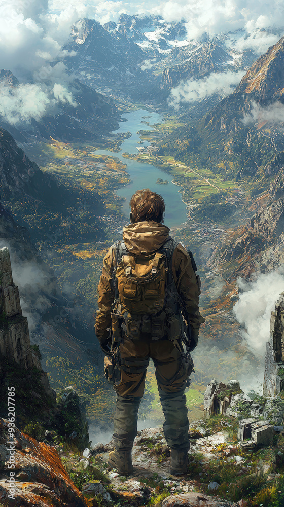 Adventurous Hiker Gazing Over a Vast Mountain Valley
Adventurous Hiker Gazing Over a Vast Mountain Valley