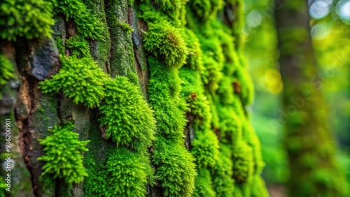 A close-up photo of vibrant green moss covering a tree bark, green, texture, vibrant, moss, close-up, nature, growth